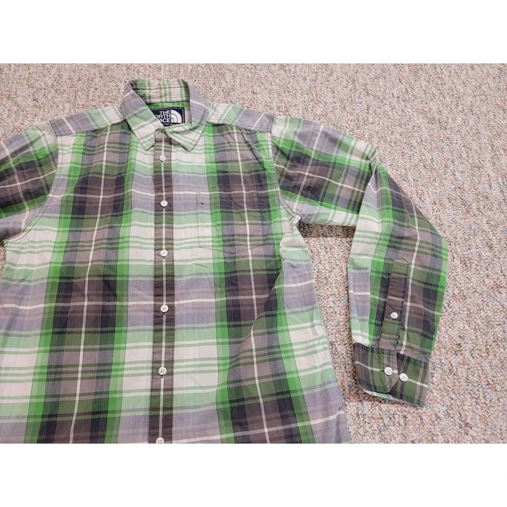 The North Face Shirt Mens Size Medium Green Grey Plaid Button Up Hiking Camping‎